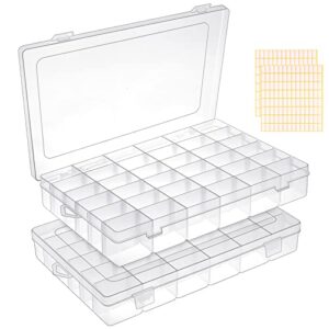 2 Pack 36 Grids Clear Plastic Organizer Box, Storage Container with Adjustable Divider, Craft Organizers and Storage Bead Storage Organizer Box for DIY Jewelry Tackles with 2 Sheets Label Stickers