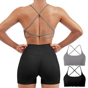 suuksess women 2 piece open back sports bra pack strappy workout gym yoga crops (grey & black, s)