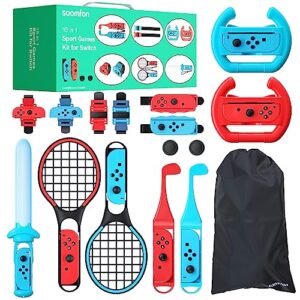 2023 switch sports accessories bundle - 15 in 1 family accessories kit for nintendo switch sports games:tennis rackets,sword grips,golf clubs,storage bag and more,christmas,birthdays, children's day gift set.
