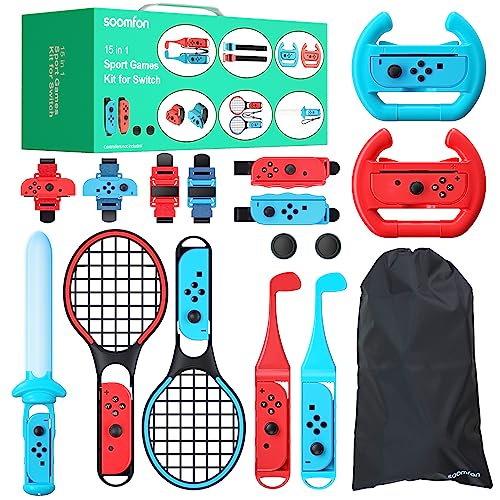 2023 Switch Sports Accessories Bundle - 15 in 1 Family Accessories Kit for Nintendo Switch Sports Games:Tennis Rackets,Sword Grips,Golf Clubs,Storage Bag and More,Christmas,Birthdays, Children's Day Gift Set.