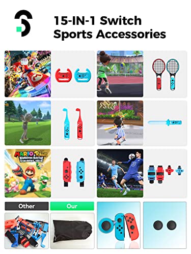 2023 Switch Sports Accessories Bundle - 15 in 1 Family Accessories Kit for Nintendo Switch Sports Games:Tennis Rackets,Sword Grips,Golf Clubs,Storage Bag and More,Christmas,Birthdays, Children's Day Gift Set.