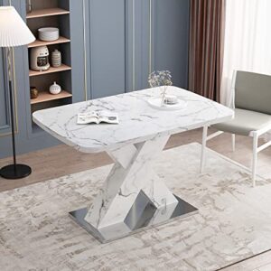 Leavader Modern Square Dining Table - 63" Expandable Dining Table with Marble White Table Top & X-Shaped Leg, Rectangular Dining Table for Home Kitchen Office