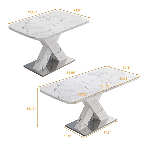 Leavader Modern Square Dining Table - 63" Expandable Dining Table with Marble White Table Top & X-Shaped Leg, Rectangular Dining Table for Home Kitchen Office