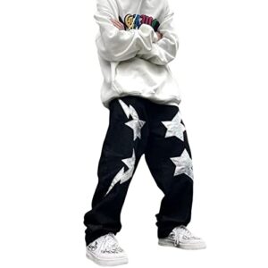 Dcepem Y2k Jeans Mens Aesthetic Baggy Hip Hop Star Pants Y2K Denim Loose Goth Y2k Fashion Streetwear（Black3-M）