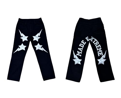 Dcepem Y2k Jeans Mens Aesthetic Baggy Hip Hop Star Pants Y2K Denim Loose Goth Y2k Fashion Streetwear（Black3-M）