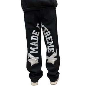 Dcepem Y2k Jeans Mens Aesthetic Baggy Hip Hop Star Pants Y2K Denim Loose Goth Y2k Fashion Streetwear（Black3-M）