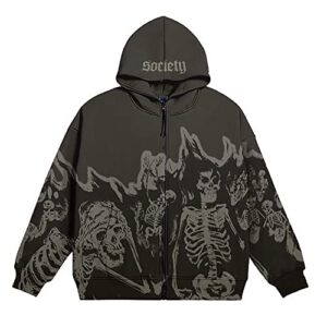 nufr unisex skull skeleton zip up hoodie vintage jacket goth harajuk grunge sweatshirt for men and women black2
