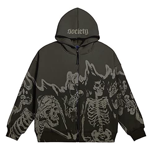 NUFR Unisex Skull Skeleton Zip Up Hoodie Vintage Jacket Goth Harajuk Grunge Sweatshirt For Men and Women Black2