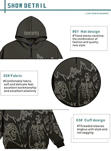 NUFR Unisex Skull Skeleton Zip Up Hoodie Vintage Jacket Goth Harajuk Grunge Sweatshirt For Men and Women Black2