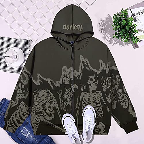 NUFR Unisex Skull Skeleton Zip Up Hoodie Vintage Jacket Goth Harajuk Grunge Sweatshirt For Men and Women Black2