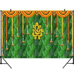 Ticuenicoa 9×6ft India Pooja Traditional Photography Backdrop Banana Leaf Green Chatiya Ganesh Background Marigold Puja Ganpati Wedding Photo Tapestry Booth Props