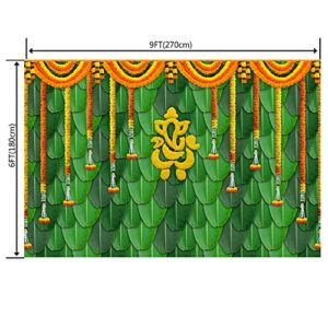 Ticuenicoa 9×6ft India Pooja Traditional Photography Backdrop Banana Leaf Green Chatiya Ganesh Background Marigold Puja Ganpati Wedding Photo Tapestry Booth Props