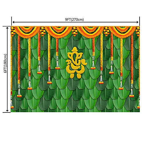 Ticuenicoa 9×6ft India Pooja Traditional Photography Backdrop Banana Leaf Green Chatiya Ganesh Background Marigold Puja Ganpati Wedding Photo Tapestry Booth Props