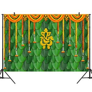 Ticuenicoa 9×6ft India Pooja Traditional Photography Backdrop Banana Leaf Green Chatiya Ganesh Background Marigold Puja Ganpati Wedding Photo Tapestry Booth Props