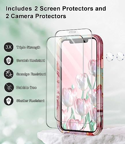 Btscase Compatible with iPhone XR Case, [5 in 1] with 2 Pack Screen Protector + 2 Pack Camera Lens Protector, Stylish Marble Full Body Three Layer Rugged Shockproof Protective Cover, Rose Gold