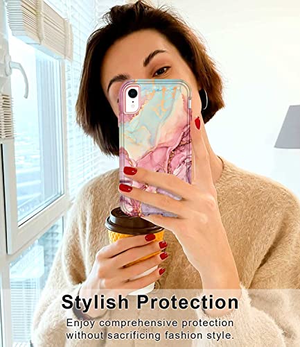 Btscase Compatible with iPhone XR Case, [5 in 1] with 2 Pack Screen Protector + 2 Pack Camera Lens Protector, Stylish Marble Full Body Three Layer Rugged Shockproof Protective Cover, Rose Gold