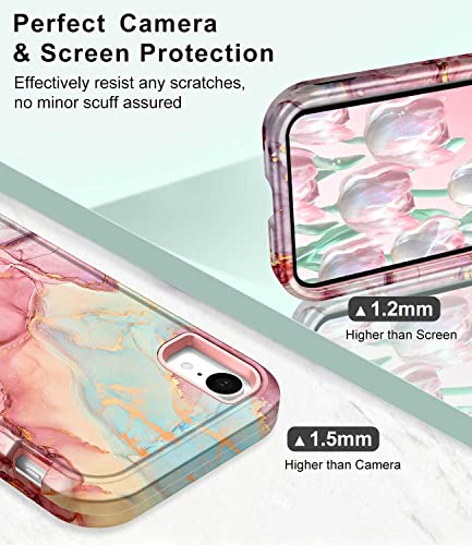Btscase Compatible with iPhone XR Case, [5 in 1] with 2 Pack Screen Protector + 2 Pack Camera Lens Protector, Stylish Marble Full Body Three Layer Rugged Shockproof Protective Cover, Rose Gold