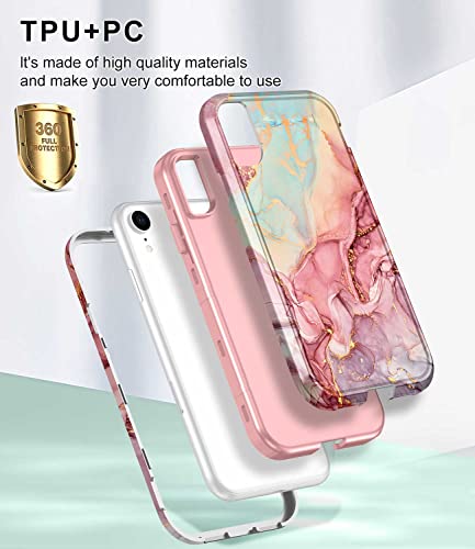 Btscase Compatible with iPhone XR Case, [5 in 1] with 2 Pack Screen Protector + 2 Pack Camera Lens Protector, Stylish Marble Full Body Three Layer Rugged Shockproof Protective Cover, Rose Gold