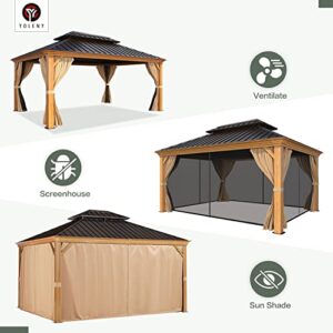 YOLENY 12' x 16' Gazebo, Hardtop Wood-Looking Gazebo with Galvanized Steel Double Roof, Aluminum Frame with Netting and Curtains for Deck, Backyard, Patio, Lawns