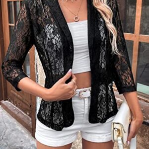 SweatyRocks Women's 3/4 Sleeve Floral Lace Open Front Collared Blazer Jacket Black XL