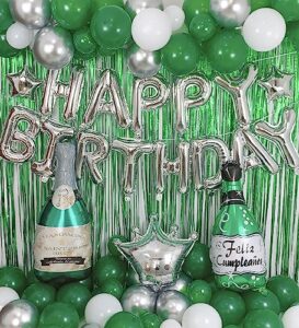 green birthday party decorations with silver happy birthday banner, white, green and silver balloons, emerald green champagne balloon, fringe curtain for men women girls boys party decor supplies