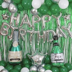 Green Birthday Party Decorations with Silver Happy Birthday Banner, White, Green and Silver Balloons, Emerald Green Champagne Balloon, Fringe Curtain for Men Women Girls Boys Party Decor Supplies