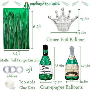 Green Birthday Party Decorations with Silver Happy Birthday Banner, White, Green and Silver Balloons, Emerald Green Champagne Balloon, Fringe Curtain for Men Women Girls Boys Party Decor Supplies