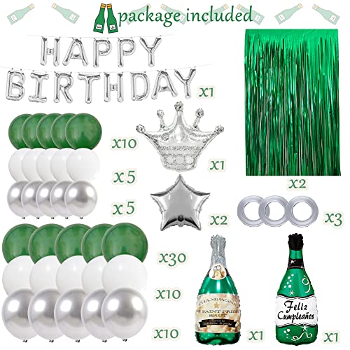 Green Birthday Party Decorations with Silver Happy Birthday Banner, White, Green and Silver Balloons, Emerald Green Champagne Balloon, Fringe Curtain for Men Women Girls Boys Party Decor Supplies