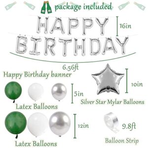 Green Birthday Party Decorations with Silver Happy Birthday Banner, White, Green and Silver Balloons, Emerald Green Champagne Balloon, Fringe Curtain for Men Women Girls Boys Party Decor Supplies