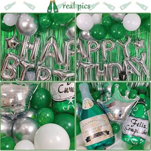 Green Birthday Party Decorations with Silver Happy Birthday Banner, White, Green and Silver Balloons, Emerald Green Champagne Balloon, Fringe Curtain for Men Women Girls Boys Party Decor Supplies