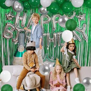 Green Birthday Party Decorations with Silver Happy Birthday Banner, White, Green and Silver Balloons, Emerald Green Champagne Balloon, Fringe Curtain for Men Women Girls Boys Party Decor Supplies