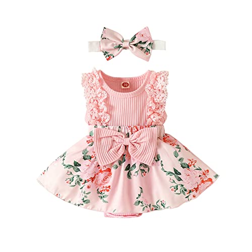 KAFIREN Baby Girl Dresses 6-9 Months Newborn Romper Dress Infant Lace Ruffle Sleeveless Summer Outfits with Headband Pink Flower 6-9 Months 90cm