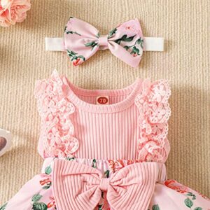 KAFIREN Baby Girl Dresses 6-9 Months Newborn Romper Dress Infant Lace Ruffle Sleeveless Summer Outfits with Headband Pink Flower 6-9 Months 90cm