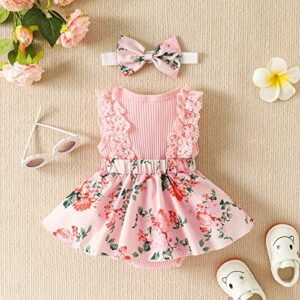 KAFIREN Baby Girl Dresses 6-9 Months Newborn Romper Dress Infant Lace Ruffle Sleeveless Summer Outfits with Headband Pink Flower 6-9 Months 90cm