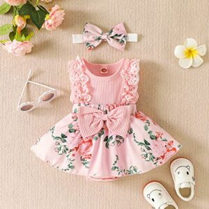 KAFIREN Baby Girl Dresses 6-9 Months Newborn Romper Dress Infant Lace Ruffle Sleeveless Summer Outfits with Headband Pink Flower 6-9 Months 90cm