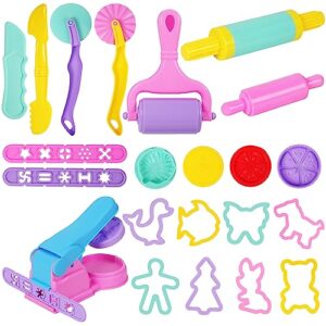 oun nana playdough tools and accessories for kids, 22 pcs macaron color plastic playdough toys with animal cutters, play dough tools set for kids ages 2-8, random color