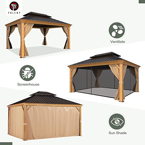 YOLENY 12' x 14' Gazebo, Hardtop Gazebo Wood-Looking Gazebo with Galvanized Steel Double Roof, Aluminum Frame, Outdoor Patio Hardtop Gazebo with Netting and Curtains for Deck, Backyard, Patio, Lawns