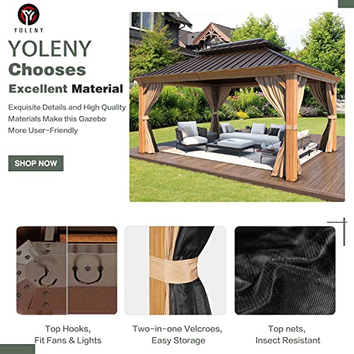 YOLENY 12' x 14' Gazebo, Hardtop Gazebo Wood-Looking Gazebo with Galvanized Steel Double Roof, Aluminum Frame, Outdoor Patio Hardtop Gazebo with Netting and Curtains for Deck, Backyard, Patio, Lawns