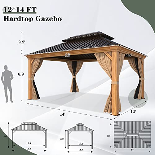 YOLENY 12' x 14' Gazebo, Hardtop Gazebo Wood-Looking Gazebo with Galvanized Steel Double Roof, Aluminum Frame, Outdoor Patio Hardtop Gazebo with Netting and Curtains for Deck, Backyard, Patio, Lawns