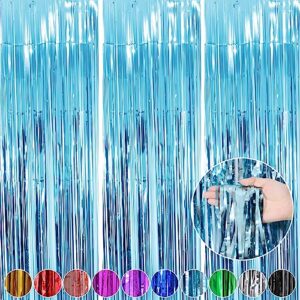 3 pack 3.3x8.2 feet light blue fringe curtains party decorations,tinsel backdrop curtains birthday decorations, baby shower, disco party, wedding, graduation