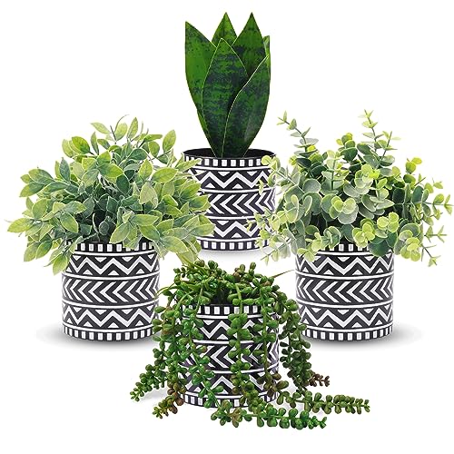 CEWOR Faux Plants 4 Pack Artificial Potted Plants Fake Snake Greenery Eucalyptus Leaves Lover's Tears Succulent and Flocked Sage Plant for Indoor Home Office Farmhouse Kitchen Bathroom Desk Decor