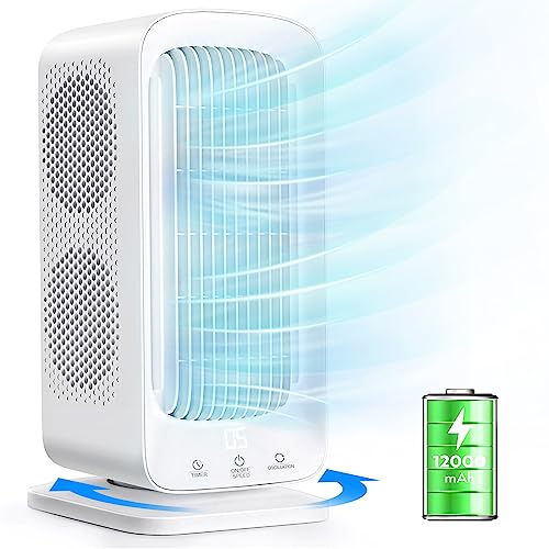 Bladeless Small Tower Fan 90° Oscillating Fan 12000mAh Battery Operated Portable Desk Fan, 11'' Quiet Cordless Fans for Home Office Table Fan with Dual Cold Air Cooling Fan for Bedroom, Outdoor, White