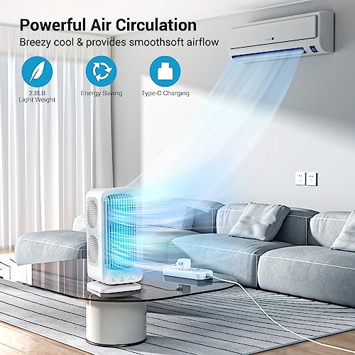 Bladeless Small Tower Fan 90° Oscillating Fan 12000mAh Battery Operated Portable Desk Fan, 11'' Quiet Cordless Fans for Home Office Table Fan with Dual Cold Air Cooling Fan for Bedroom, Outdoor, White