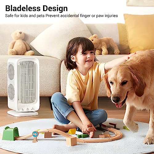 Bladeless Small Tower Fan 90° Oscillating Fan 12000mAh Battery Operated Portable Desk Fan, 11'' Quiet Cordless Fans for Home Office Table Fan with Dual Cold Air Cooling Fan for Bedroom, Outdoor, White