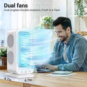 Bladeless Small Tower Fan 90° Oscillating Fan 12000mAh Battery Operated Portable Desk Fan, 11'' Quiet Cordless Fans for Home Office Table Fan with Dual Cold Air Cooling Fan for Bedroom, Outdoor, White