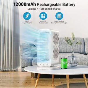 Bladeless Small Tower Fan 90° Oscillating Fan 12000mAh Battery Operated Portable Desk Fan, 11'' Quiet Cordless Fans for Home Office Table Fan with Dual Cold Air Cooling Fan for Bedroom, Outdoor, White