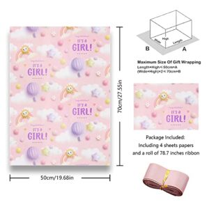 Apol Baby Shower Wrapping Paper,It's a Girl Gift Wrapping Paper Pink New Baby Wrapping Paper 4 Sheet Princess Lovely Paper with Pink Ribbon for Gender Reveal Girl Birthday Wrapping Paper,30x20 Inches