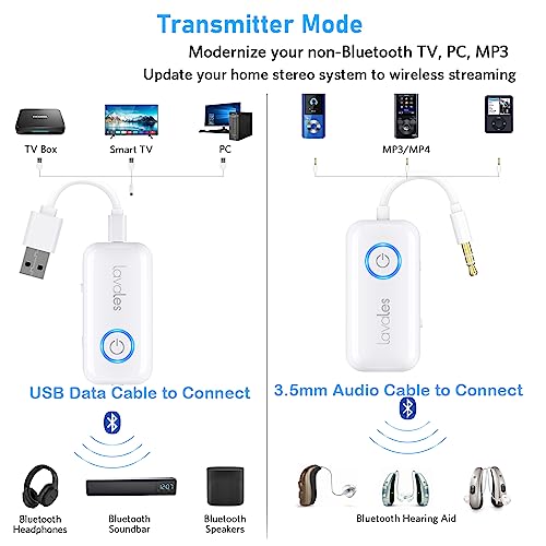 Lavales Wireless Bluetooth 5.3 Audio Transmitter Receiver Adapter for Airplane, Gym/TVs/Gaming Consoles/Car/PC/Home Stereo, 3.5 mm Jack, AptX Adaptive/Low Latency,Dual Paring,Rechargeable,HD Stereo