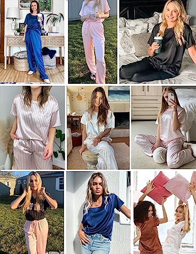 Ekouaer Womens Silk Satin Pajamas Set Short Sleeve Top Summer Soft Two Piece Pjs Silky Sleepwear Nightwear Silk Lounge Set Champagne S