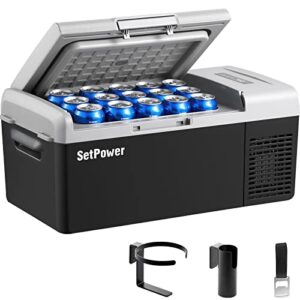 setpower fc15 portable 12v refrigerator, -4℉-68℉ fast cooling car refrigerator, 15l/15.8qt car fridge portable freezer with 12/24v dc & 110/240v ac, electric cooler (black&grey, 15l)